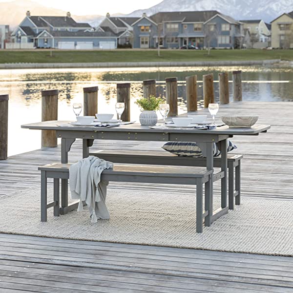 Walker Edison 5 Person Outdoor Wood Chevron Patio Furniture Dining Set Table Chairs Bench All Weather Backyard Conversation Garden Poolside Balcony, 4 Piece, Brown Brown 4 Piece Dining Set