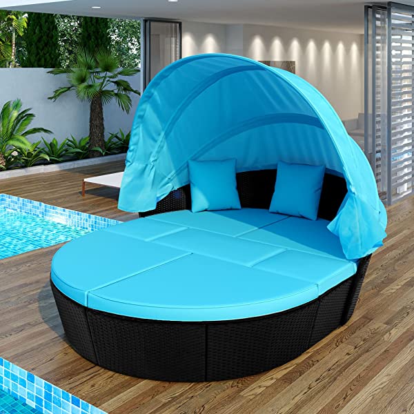 Merax All-Weather Outdoor Sectional Sofa Conversation Set Rattan Daybed Sunbed with Retractable Canopy, Separate Seating and Removable Blue Cushions Brown+blue