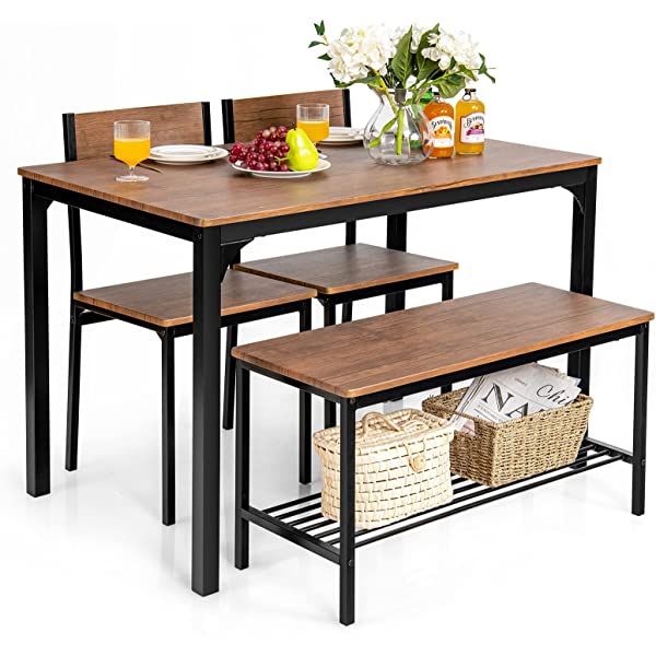 Giantex Dining Table Set for 4, Kitchen Table with Bench and Chairs, Industrial Gathering Bench Dining Set W/Metal Frame & Storage Rack, Dinette Set, Modern Functional Desk Set (Black Oak)
