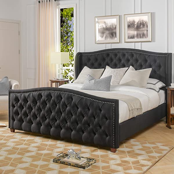 Jennifer Taylor Home Marcella Collection Queen Wingback Tufted Hand-Applied Nail Heads Upholstered Bed, Antique White Antique White Queen