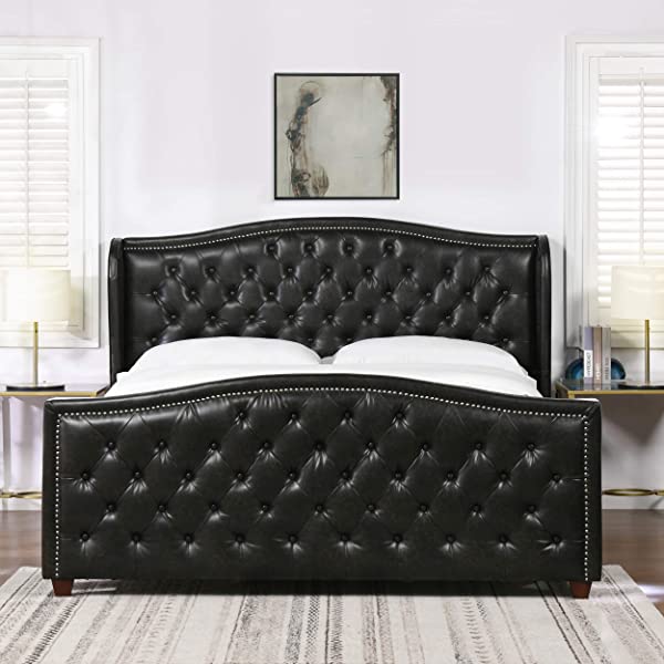 Jennifer Taylor Home Marcella Collection Queen Wingback Tufted Hand-Applied Nail Heads Upholstered Bed, Antique White Antique White Queen