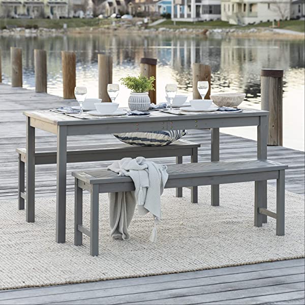 Walker Edison 5 Person Outdoor Wood Chevron Patio Furniture Dining Set Table Chairs Bench All Weather Backyard Conversation Garden Poolside Balcony, 4 Piece, Brown Brown 4 Piece Dining Set