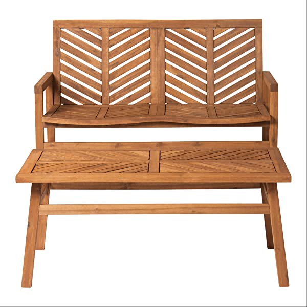 Walker Edison 5 Person Outdoor Wood Chevron Patio Furniture Dining Set Table Chairs Bench All Weather Backyard Conversation Garden Poolside Balcony, 4 Piece, Brown Brown 4 Piece Dining Set