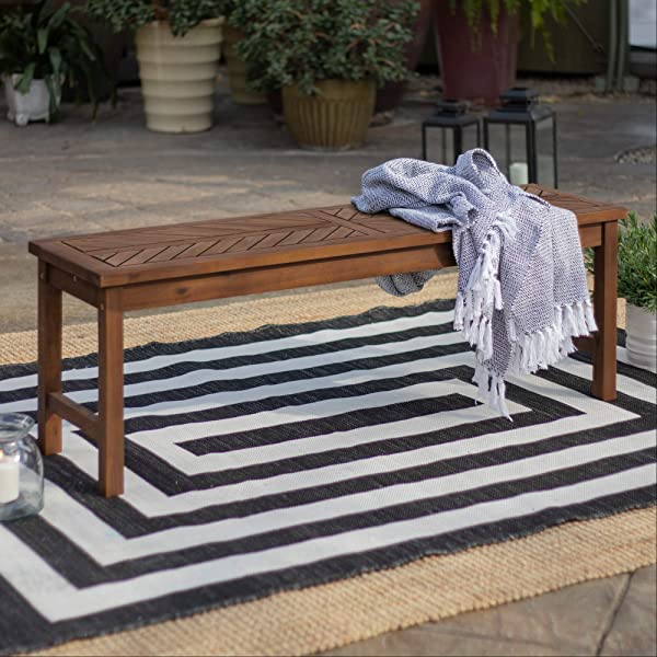 Walker Edison 5 Person Outdoor Wood Chevron Patio Furniture Dining Set Table Chairs Bench All Weather Backyard Conversation Garden Poolside Balcony, 4 Piece, Brown Brown 4 Piece Dining Set