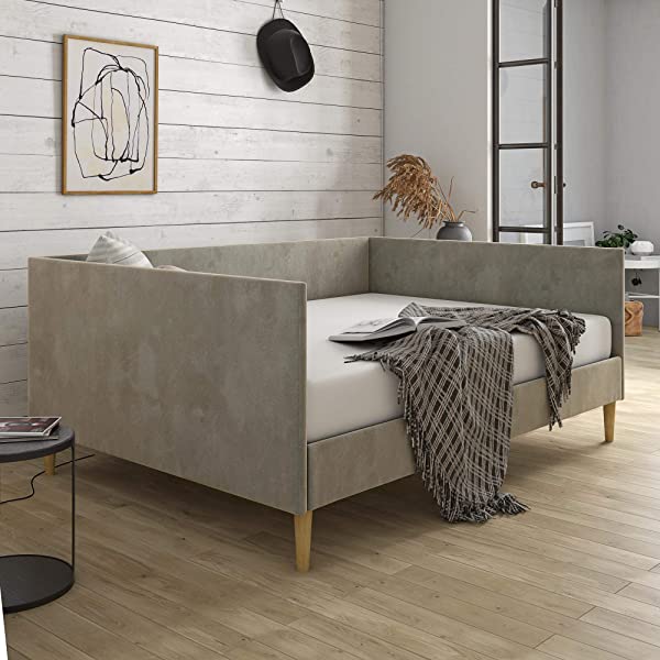 DHP Franklin Mid Century Upholstered Daybed, Sofa Bed, Twin Size Frame, Tan Linen Linen Twin Tan