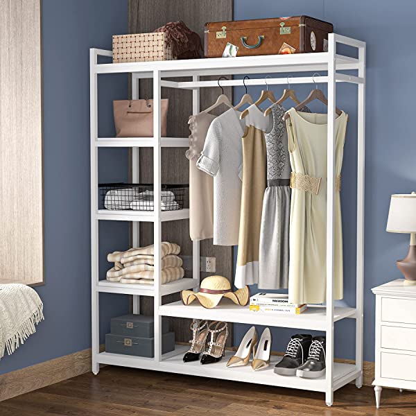 LITTLE TREE Free-Standing Closet Organizer, Heavy Duty Clothes Closet, Portable Garment Rack with 6 Shelves and Hanging Rod, Black Metal Frame&Rustic Board Finish Vingte &Black