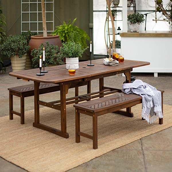 Walker Edison 5 Person Outdoor Wood Chevron Patio Furniture Dining Set Table Chairs Bench All Weather Backyard Conversation Garden Poolside Balcony, 4 Piece, Brown Brown 4 Piece Dining Set