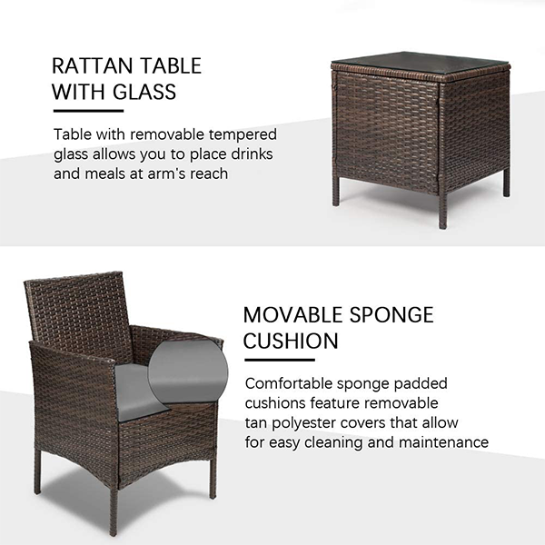Devoko Patio Furniture Set 3-piece PE Rattan Wicker Chair with Dining Table Outdoor Garden Furniture Se