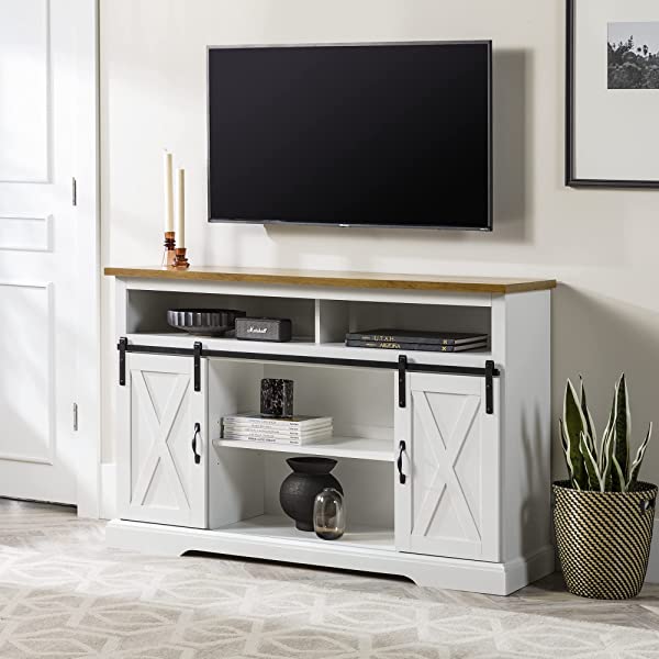 Walker Edison Richmond modern farmhouse sliding barn door TV stand for up to 52 inches, white and rustic oak white without fireplace 52 inches TV