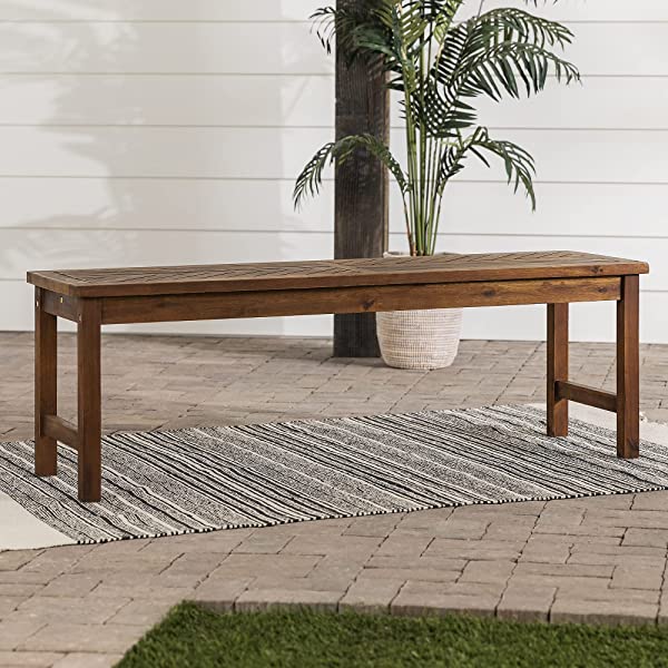 Walker Edison 5 Person Outdoor Wood Chevron Patio Furniture Dining Set Table Chairs Bench All Weather Backyard Conversation Garden Poolside Balcony, 4 Piece, Brown Brown 4 Piece Dining Set