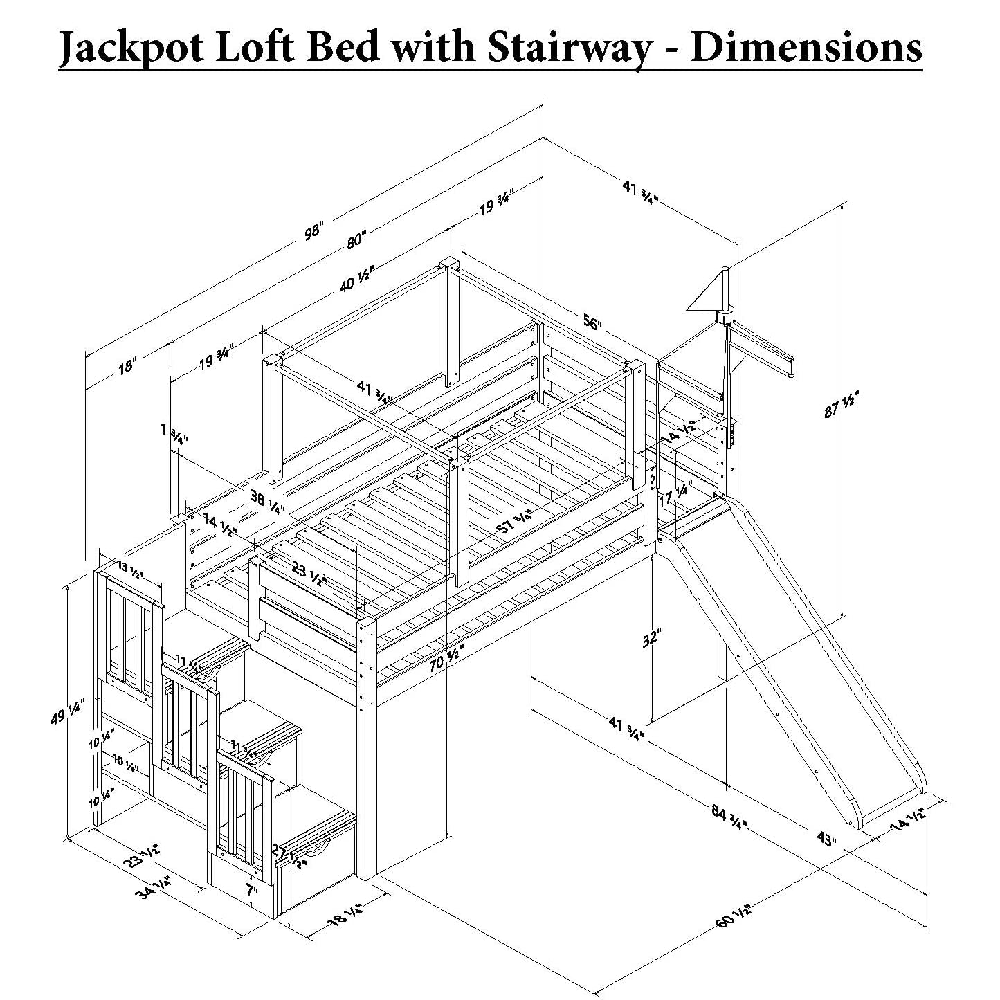 【Furniture】Princess Low Loft Stairway Bed with Slide Pink & White Tent & Tower, Loft Bed, Twin, White
