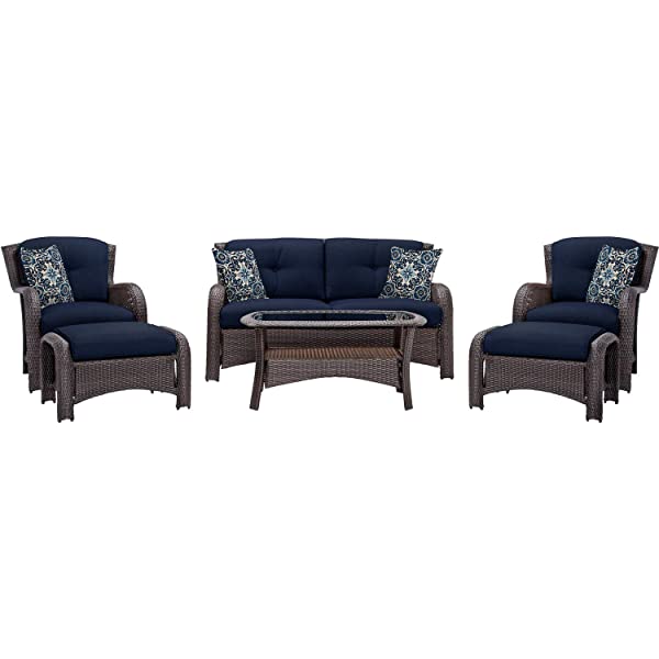 Hanover Strathmere 6-Piece Outdoor Patio Conversation Set, 2 Side Chairs with Ottomans, Loveseat and Tempered Glass Coffee Table, with Hand-Woven Wicker and Thick Cilantro Green Cushions, STRATHMERE6PC