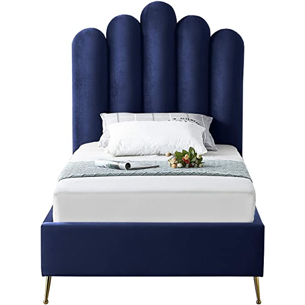 Meridian Furniture Lily Collection Modern | Contemporary Velvet Upholstered Bed with Deep Channel Tufting and Custom Gold Steel Legs, Queen, Cream Cream Queen