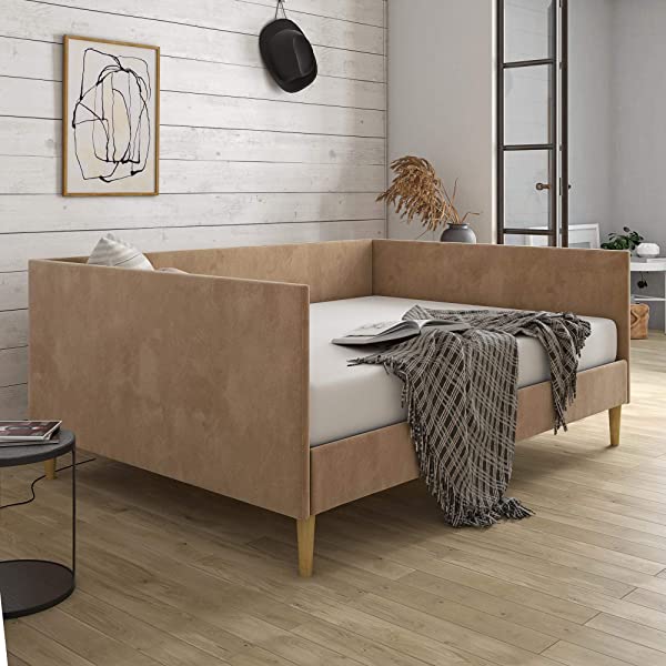 DHP Franklin Mid Century Upholstered Daybed, Sofa Bed, Twin Size Frame, Tan Linen Linen Twin Tan