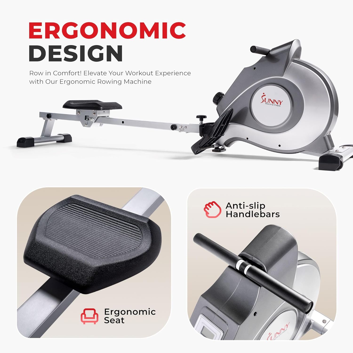 Sunny Health and Fitness Magnetic Rowing Machine, Folding Rower with LCD Monitor and Extra Long Slide Rail, 8 Level Resistance, Transport Wheels, Full Body Workout Equipment For Home, SF-RW5515, Gray