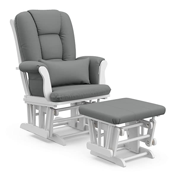 Storkcraft Tuscany Custom Glider and Ottoman with Free Lumbar Pillow, Black/Grey, Cleanable Upholstered Comfort Rocking Nursery Chair with Ottoman Black/Gray