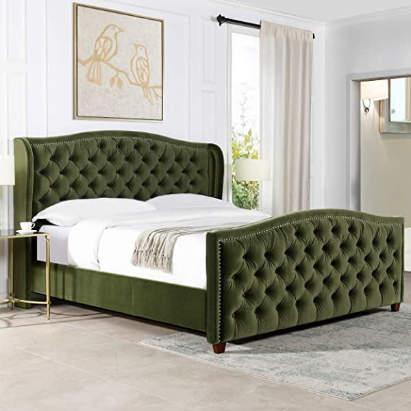 Jennifer Taylor Home Marcella Collection Queen Wingback Tufted Hand-Applied Nail Heads Upholstered Bed, Antique White Antique White Queen