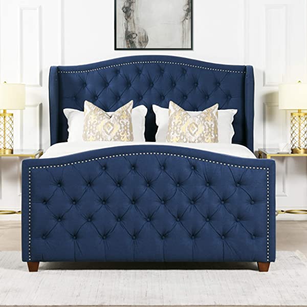Jennifer Taylor Home Marcella Collection Queen Wingback Tufted Hand-Applied Nail Heads Upholstered Bed, Antique White Antique White Queen