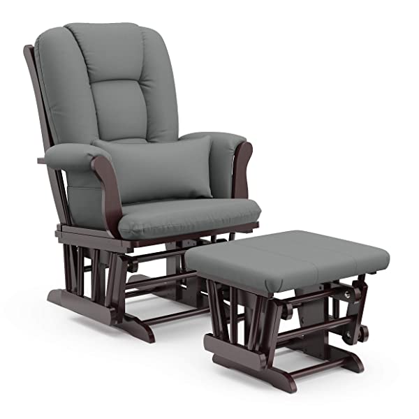 Storkcraft Tuscany Custom Glider and Ottoman with Free Lumbar Pillow, Black/Grey, Cleanable Upholstered Comfort Rocking Nursery Chair with Ottoman Black/Gray