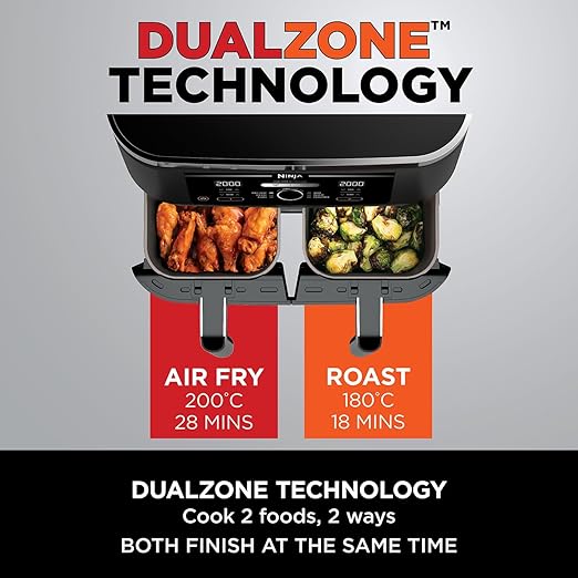 Ninja Foodi MAX Dual Zone Digital Air Fryer, 2 Drawers, 9.5L, 6-in-1, Uses No Oil, Air Fry, Max Crisp, Roast, Bake, Reheat, Dehydrate, Cook 8 Portions, Non-Stick Dishwasher Safe Baskets, Black AF400UK