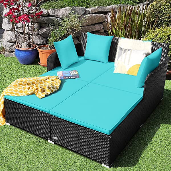 Salches Outdoor Rattan Daybed, Patio Loveseat Sofa Set w/Comfortable Cushions, Extra Pillows & Metal Foot, Sunbed Wicker Furniture for Yard/Poolside/Living Room/Garden/Porch (Red)