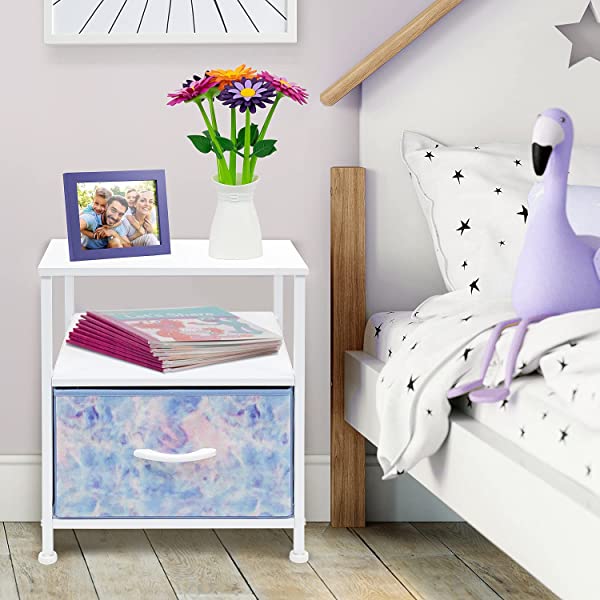 Sorbus Nightstand 1-Drawer Shelf Storage- Bedside Furniture & Accent End Table Chest for Home, Bedroom, Office, College Dorm, Steel Frame, Wood Top, Easy Pull Fabric Bins (Rustic Wood)