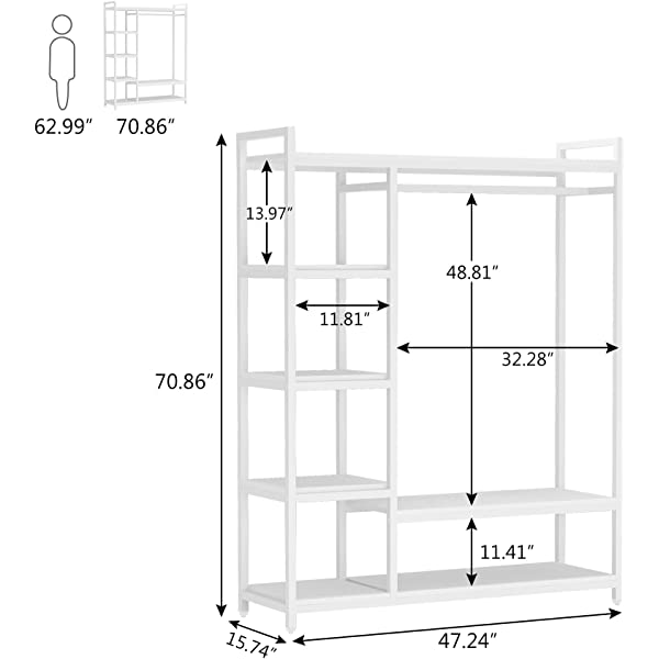 LITTLE TREE Free-Standing Closet Organizer, Heavy Duty Clothes Closet, Portable Garment Rack with 6 Shelves and Hanging Rod, Black Metal Frame&Rustic Board Finish Vingte &Black