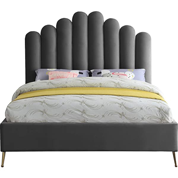 Meridian Furniture Lily Collection Modern | Contemporary Velvet Upholstered Bed with Deep Channel Tufting and Custom Gold Steel Legs, Queen, Cream Cream Queen