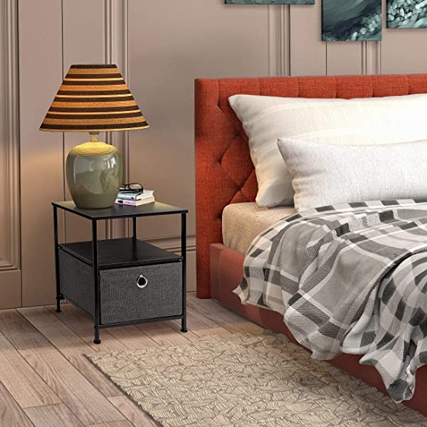 Sorbus Nightstand 1-Drawer Shelf Storage- Bedside Furniture & Accent End Table Chest for Home, Bedroom, Office, College Dorm, Steel Frame, Wood Top, Easy Pull Fabric Bins (Rustic Wood)