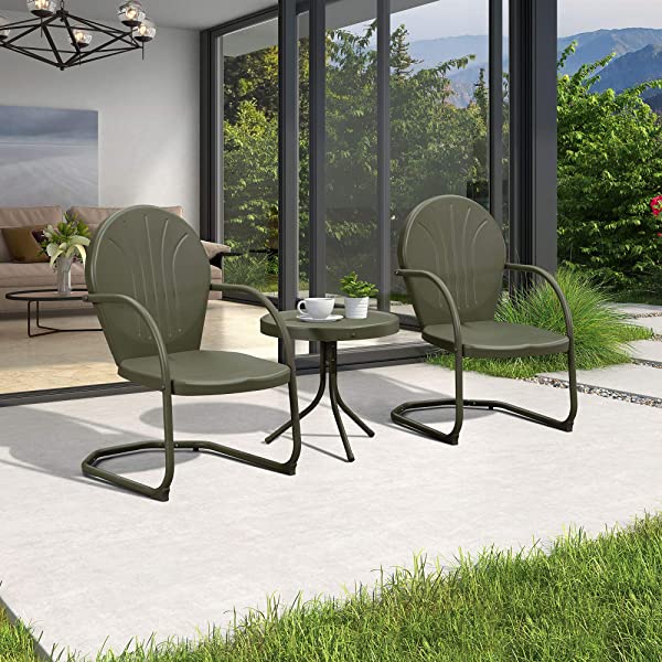 PURPLE LEAF Outdoor Patio Bistro Set, 3 Pieces Retro Porch Furniture Set 2 C-Spring Metal Outdoor Chairs and Round Side Table, Blue