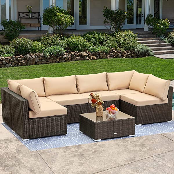 LayinSun 7 Piece Patio Furniture Sets, Outdoor Sectional Patio Conversation Set Wicker Rattan Sofa Chair Set with Cushion and Glass Table Beige