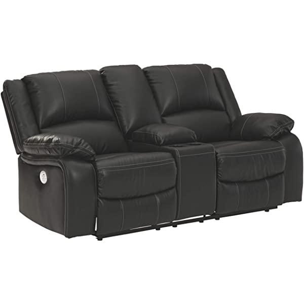 Signature Design by Ashley - Calderwell Contemporary Faux Leather Double Reclining Loveseat w/ Console - Adjustable - Gray Manual Loveseat Grey