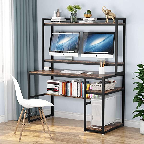 Tribesigns Computer Desk with Hutch and Shelves, 47 Inches Home Office Desk with Bookshelves and CPU Stand, Writing Desk PC Study Table Workstation for Small Spaces (Rustic Brown)