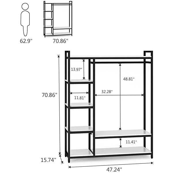 LITTLE TREE Free-Standing Closet Organizer, Heavy Duty Clothes Closet, Portable Garment Rack with 6 Shelves and Hanging Rod, Black Metal Frame&Rustic Board Finish Vingte &Black
