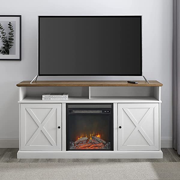 Walker Edison Richmond modern farmhouse sliding barn door TV stand for up to 52 inches, white and rustic oak white without fireplace 52 inches TV
