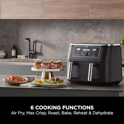 Ninja Foodi MAX Dual Zone Digital Air Fryer, 2 Drawers, 9.5L, 6-in-1, Uses No Oil, Air Fry, Max Crisp, Roast, Bake, Reheat, Dehydrate, Cook 8 Portions, Non-Stick Dishwasher Safe Baskets, Black AF400UK