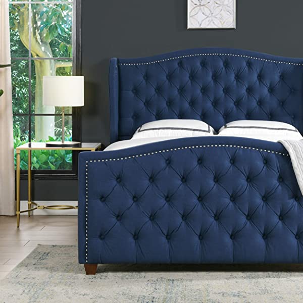 Jennifer Taylor Home Marcella Collection Queen Wingback Tufted Hand-Applied Nail Heads Upholstered Bed, Antique White Antique White Queen