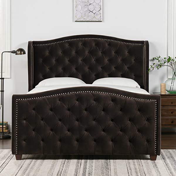 Jennifer Taylor Home Marcella Collection Queen Wingback Tufted Hand-Applied Nail Heads Upholstered Bed, Antique White Antique White Queen