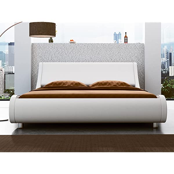 SHA CERLIN King Size Platform Bed, Faux Leather Low Profile Sleigh Bed Frame with Adjustable Headboard, Wood Slat Support, Black & White Black + White King