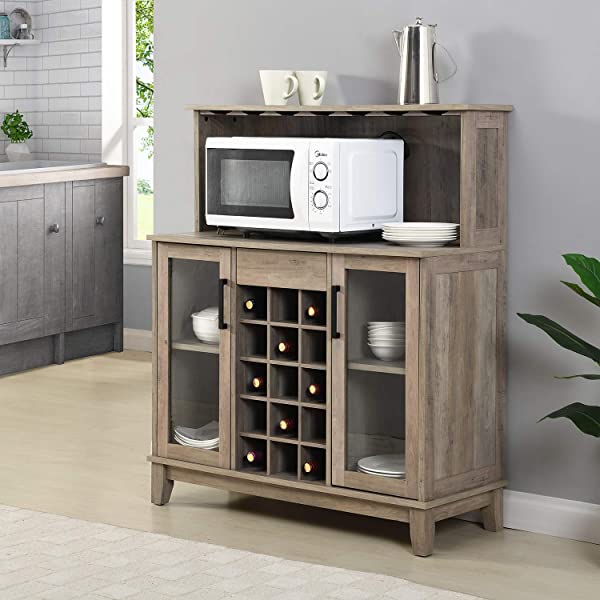 Bar Cabinet with Wine Rack and Glass Doors (Grey wash- Solid)