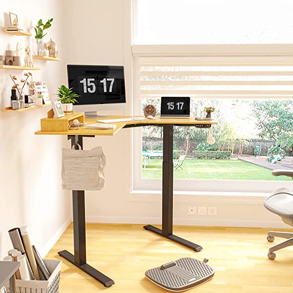 FEZIBO Dual Motor L-Shaped Electric Standing Desk, 48 Inches Height Adjustable Corner Desk, Full Sit Stand Home Office Table with Splice Board, Black Frame/Rustic Brown Top