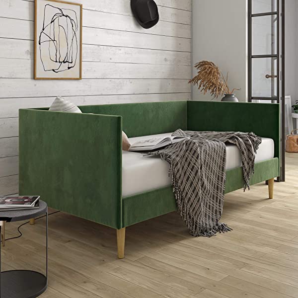 DHP Franklin Mid Century Upholstered Daybed, Sofa Bed, Twin Size Frame, Tan Linen Linen Twin Tan