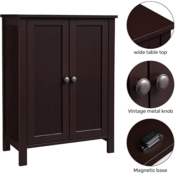 VASAGLE Bathroom Floor Storage Cabinet with Double Door Adjustable Shelf, 23.6 x 11.8 x 31.5 Inches White UBCB60W