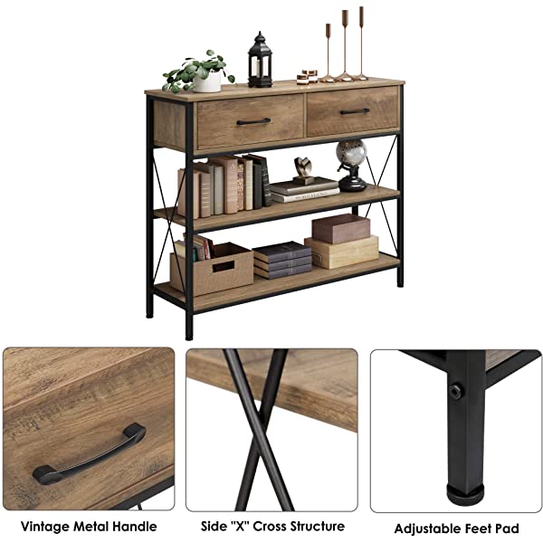Console Table with Drawers, Rustic Hallway Table with Storage Shelves, Narrow Long Sofa Entryway Table for Living Room, Metal Frame, Dark Brown