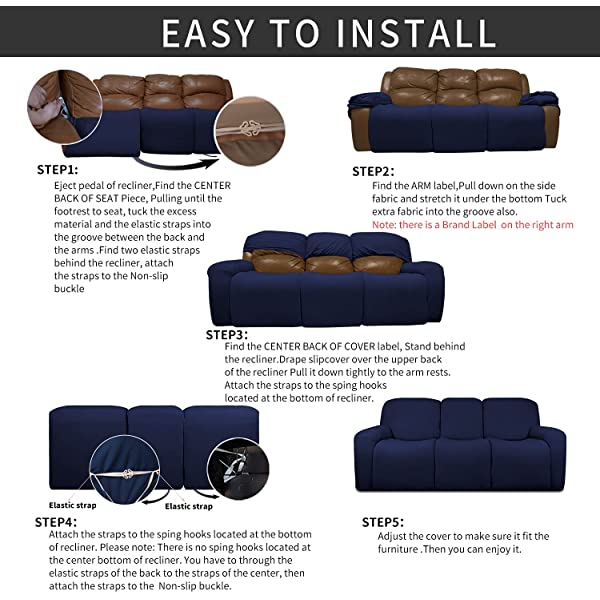 Easy-Going PU Leather Recliner Sofa Slipcovers, Waterproof Stretch Sofa Covers, 8 Pieces Stretch Furniture Protector, Elastic Strap Shield Pets Kids Children Cats Dogs Beige