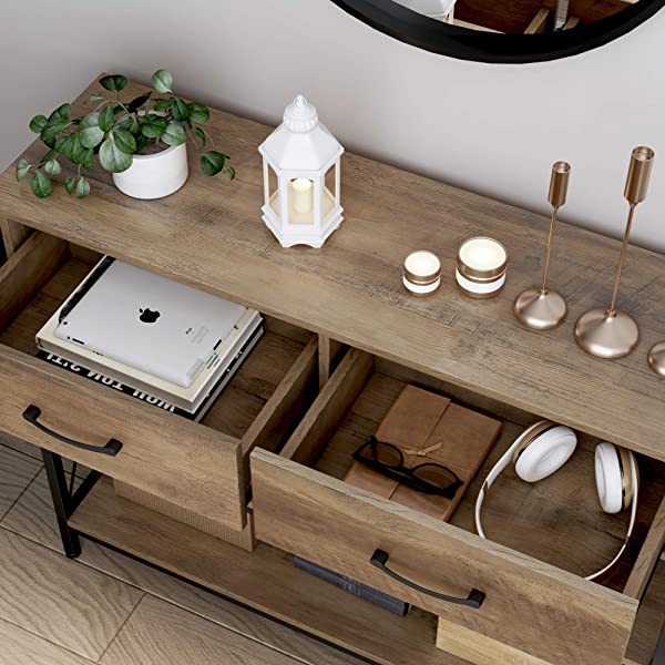 Console Table with Drawers, Rustic Hallway Table with Storage Shelves, Narrow Long Sofa Entryway Table for Living Room, Metal Frame, Dark Brown