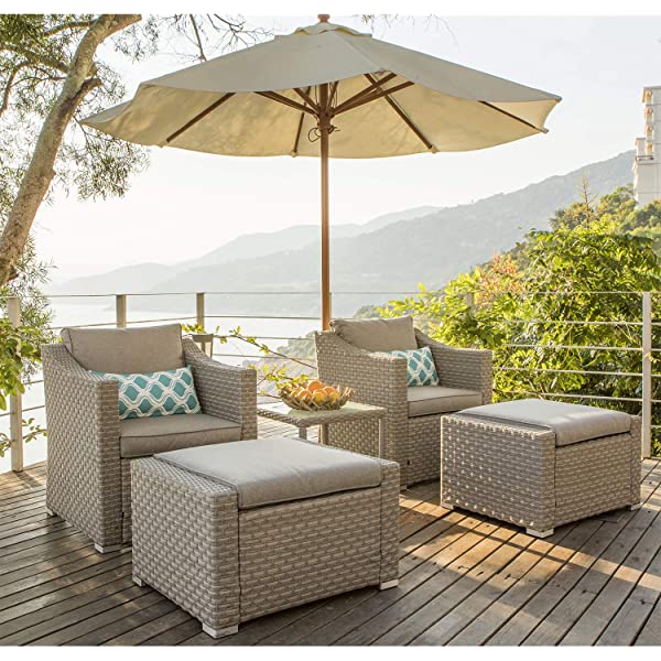 COSIEST 5-Piece Outdoor Furniture Lounge Set Warm Gray Wicker Sectional Sofa w Thick Cushions, Glass-Top Table, 2 Ottomans, 2 Teal Pattern Pillows for Garden, Pool, Backyard