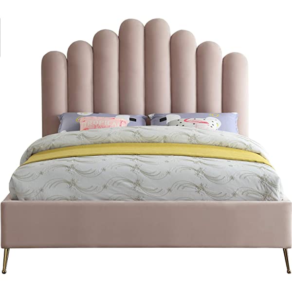 Meridian Furniture Lily Collection Modern | Contemporary Velvet Upholstered Bed with Deep Channel Tufting and Custom Gold Steel Legs, Queen, Cream Cream Queen