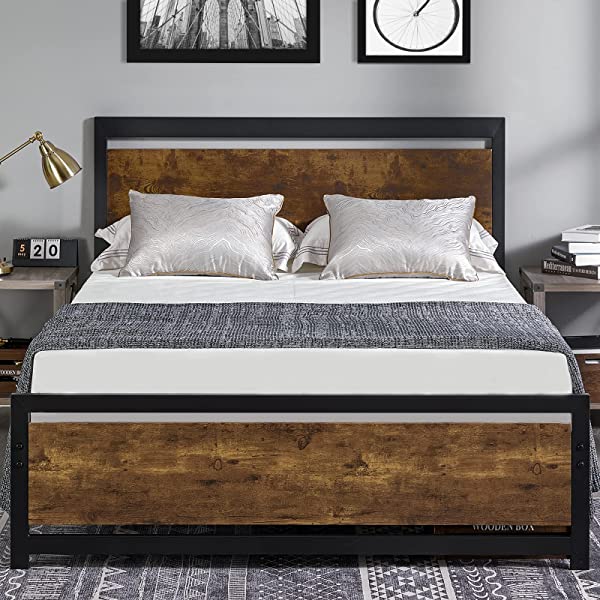Amerlife Queen Size Bed Frame with Wood Headboard - Metal Platform Bed with Industrial Footboard - Heavy Duty Steel Mattress Foundation/ 4 U-Shaped Support Frames/Rustic Country Style/Easy Assembly Queen Dark Brown
