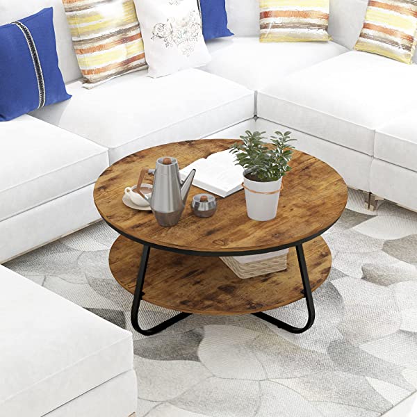Elephance Round Coffee Table with Storage, 35.8 Inch Rustic Wood Coffee Table with Strong Metal Frame for Living Room, Dining Room, Cocktail Table, Round Sofa Table (Almond)